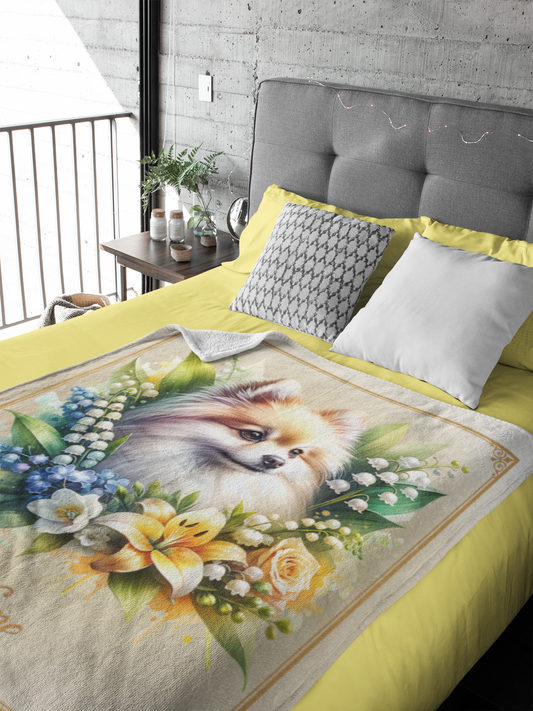Personalized Pomeranian with Flowers Throw Blanket - 50"x60" Custom Name Blanket