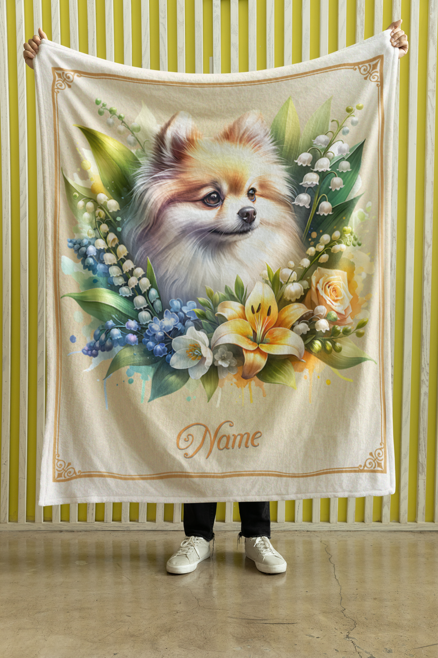 Personalized Pomeranian with Flowers Throw Blanket - 50"x60" Custom Name Blanket