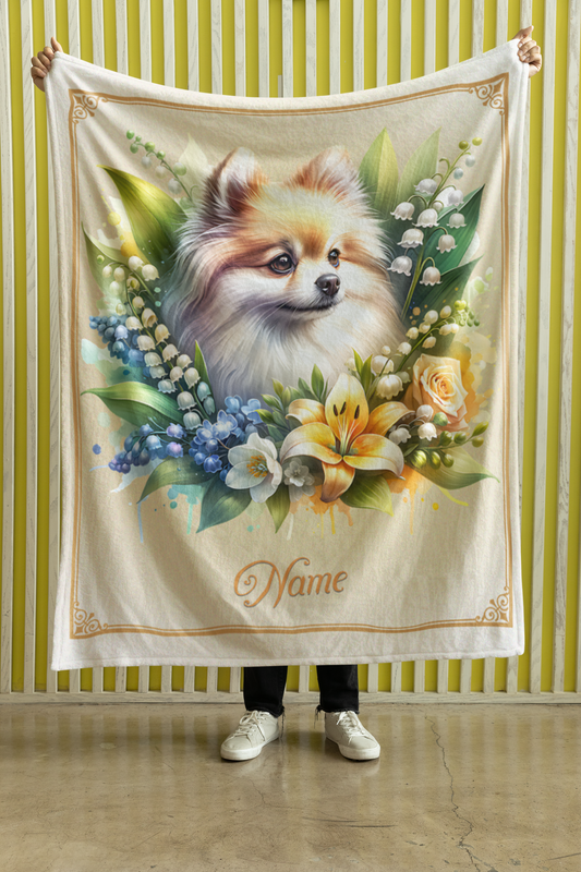 Personalized Pomeranian with Flowers Throw Blanket - 50"x60" Custom Name Blanket