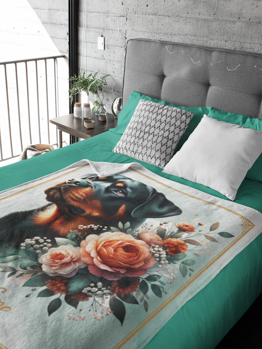 Personalized Rottweiler with Flowers Throw Blanket - 50"x60" Custom Name Blanket