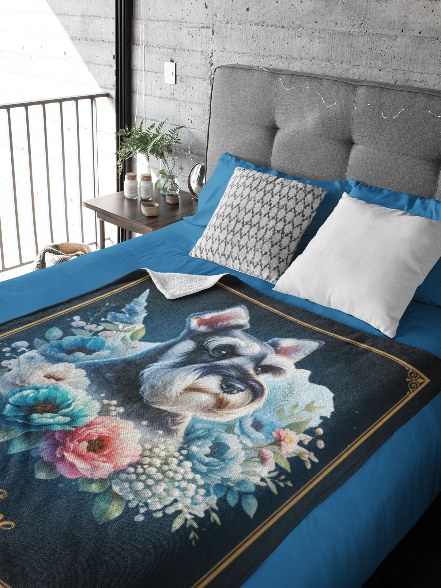 Personalized Miniature Schnauzer with Flowers Throw Blanket - 50"x60" Custom Name Blanket