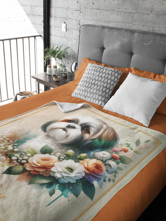 Personalized Shih Tzu with Flowers Throw Blanket - 50"x60" Custom Name Blanket