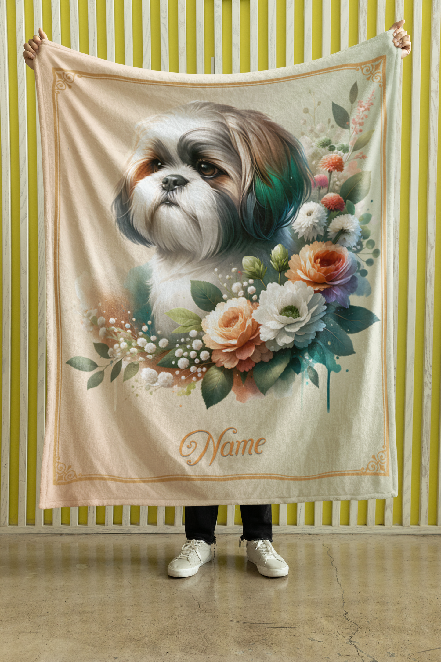 Personalized Shih Tzu with Flowers Throw Blanket - 50"x60" Custom Name Blanket