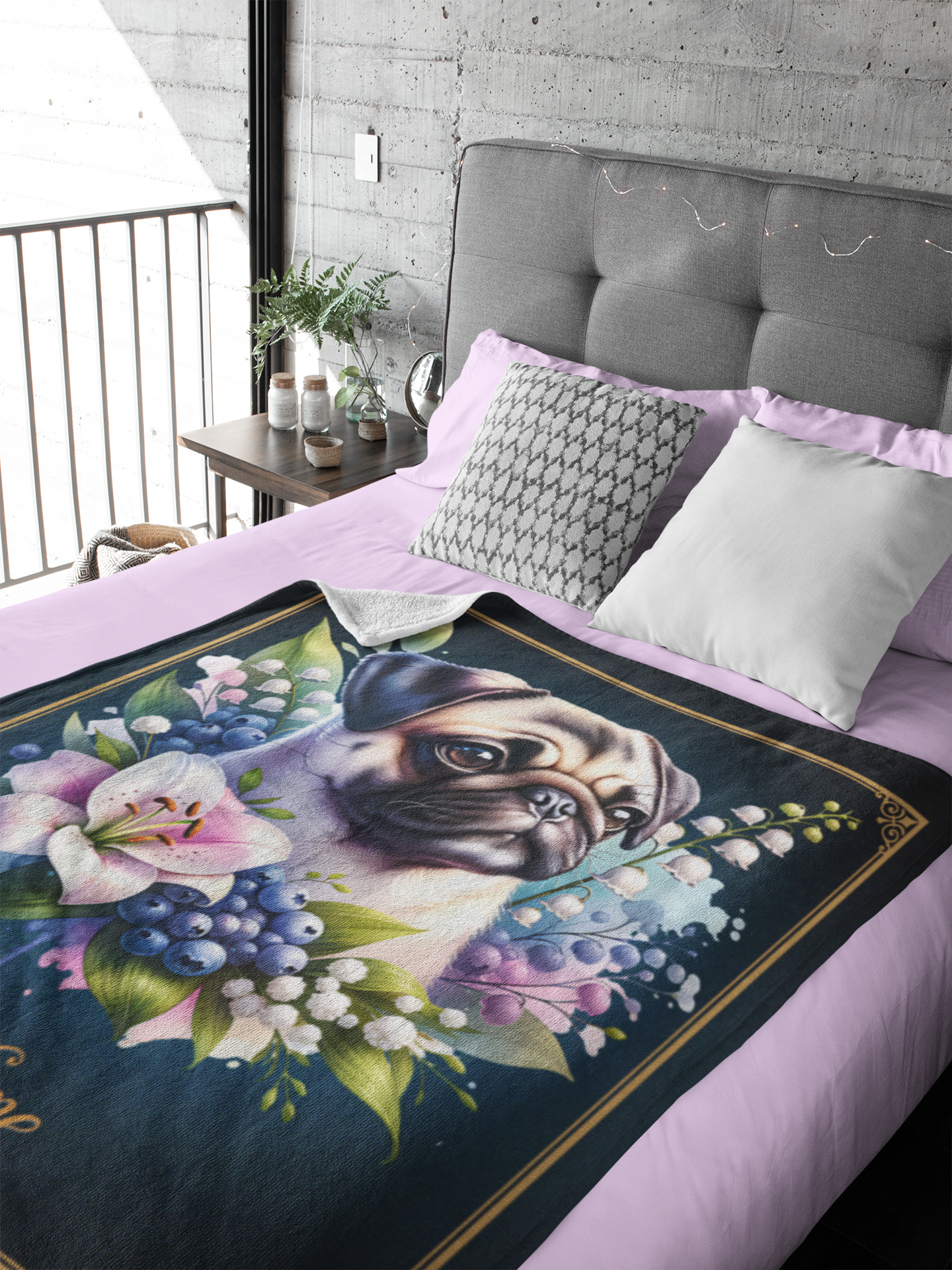 Personalized Fawn Pug with Flowers Throw Blanket - 50"x60" Custom Name Blanket