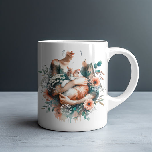 Personalized Ginger Cat Held in Loving Hands with Pink Daisies Mug — Custom Name Gift