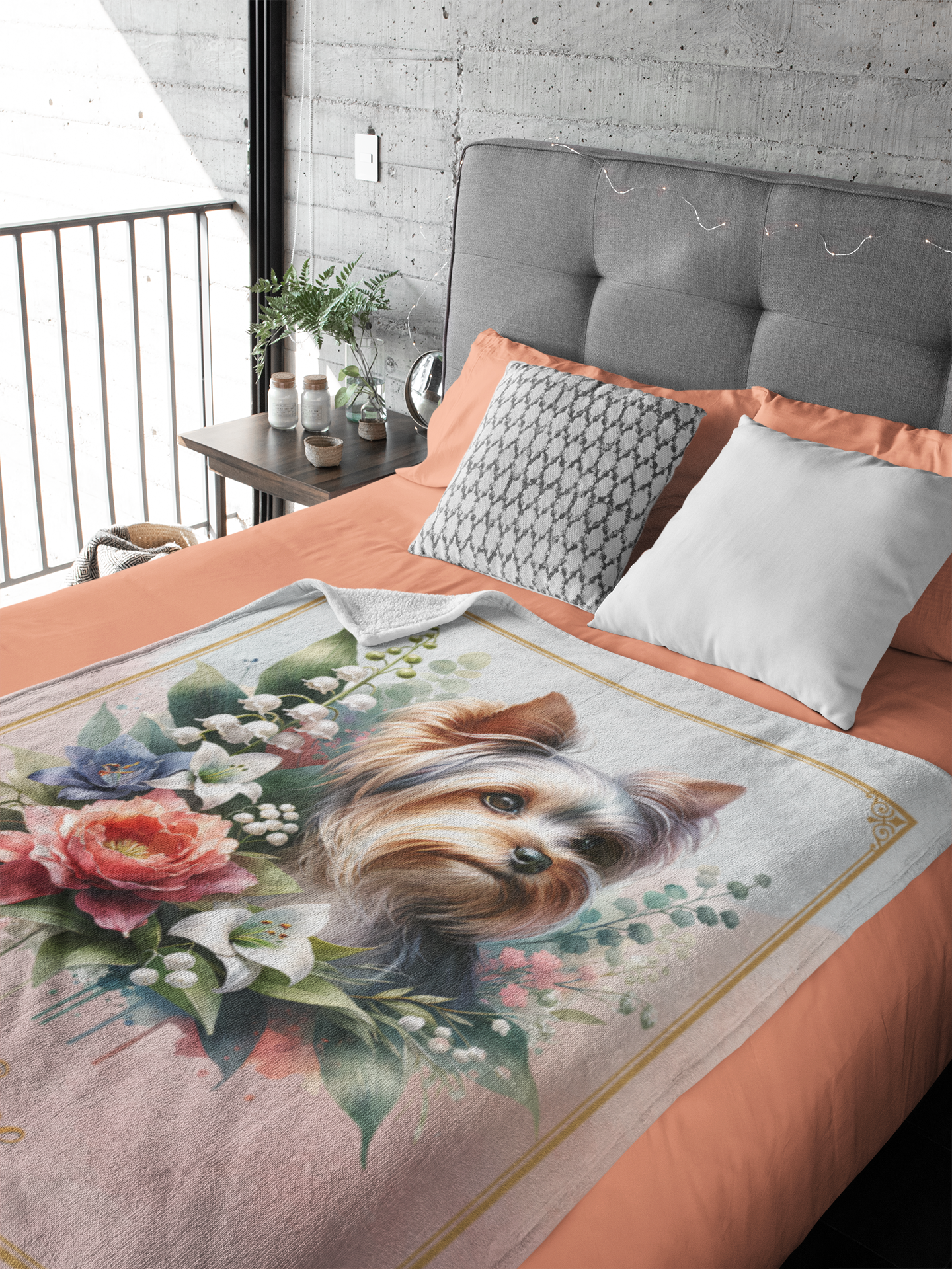 Personalized Yorkshire Terrier with Flowers Throw Blanket - 50"x60" Custom Name Blanket