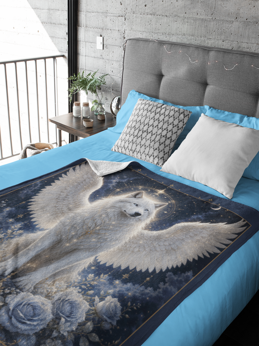 Celestial White Winged Wolf Throw Blanket