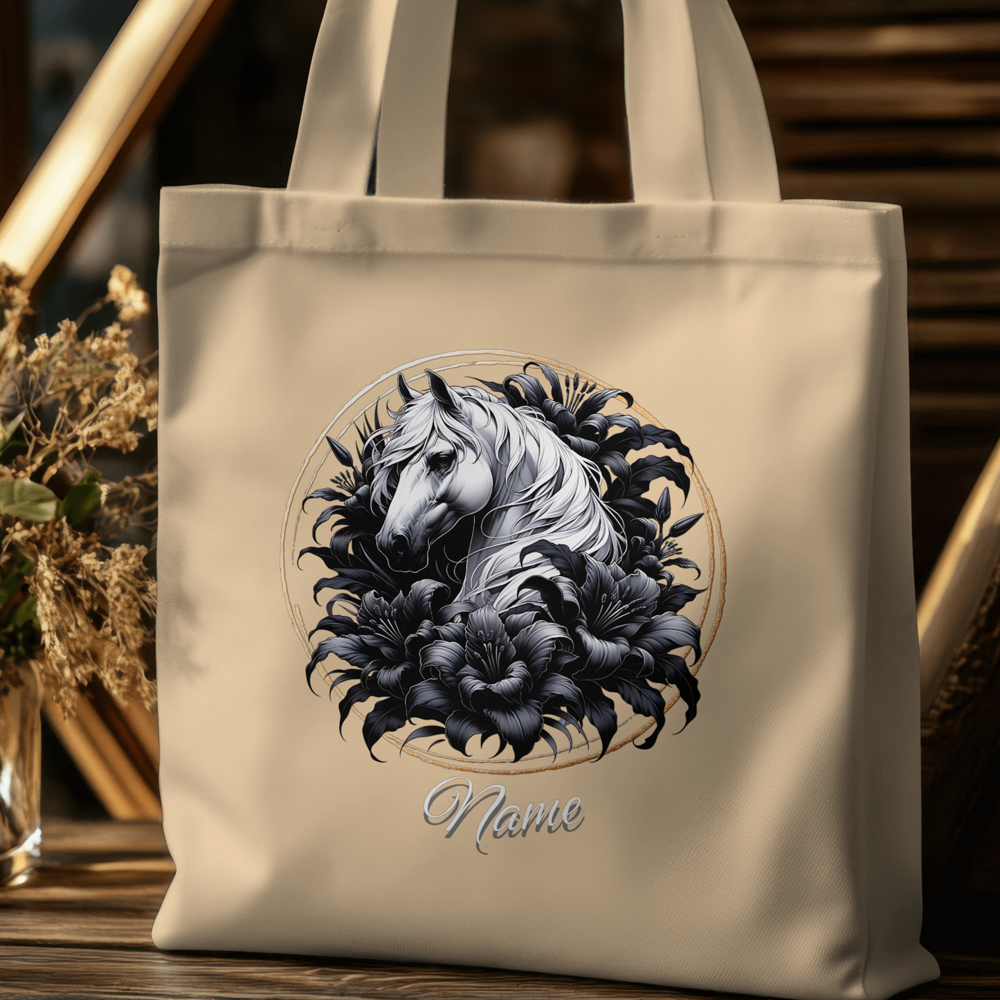 Personalized White Horse Black Lilies Eco Tote Bag