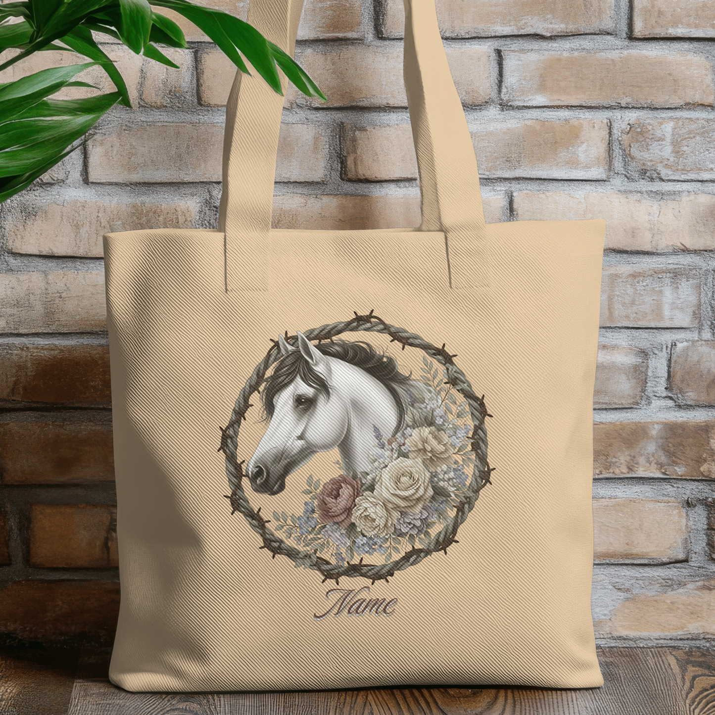 Personalized White Horse Black Mane Rope & Barbwire Wreath Eco Tote Bag