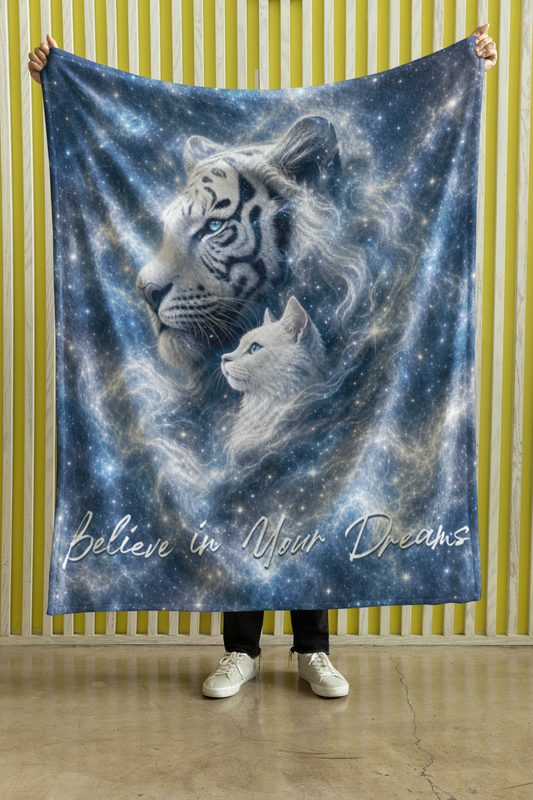 Believe in Your Dreams White Cat & White Tiger Throw Blanket