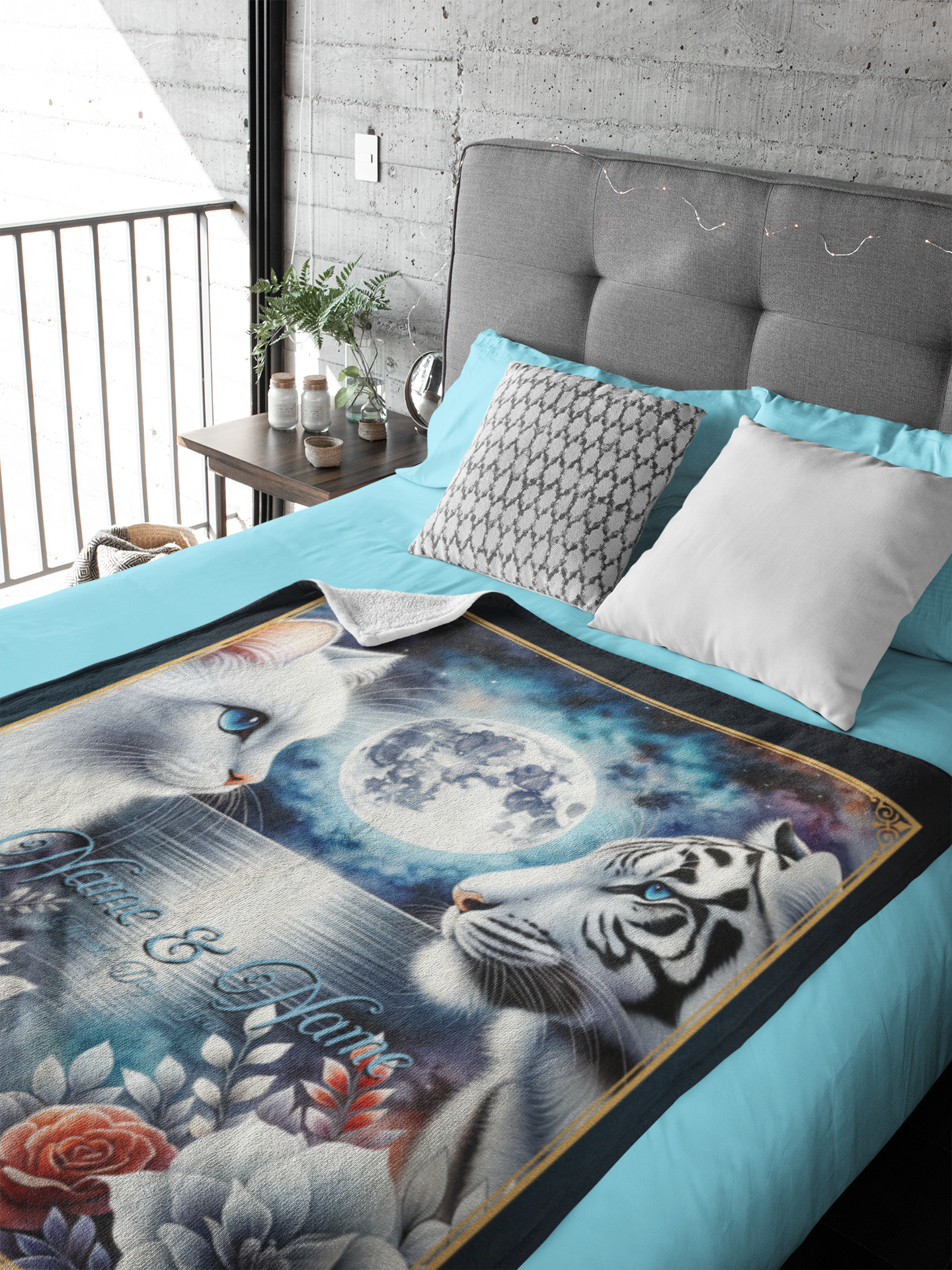 Personalized White Cat & White Tiger Moonlight Couple Throw Blanket — Custom Name Gift