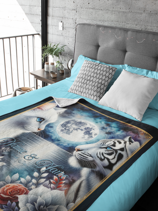 Personalized White Cat & White Tiger Moonlight Couple Throw Blanket — Custom Name Gift