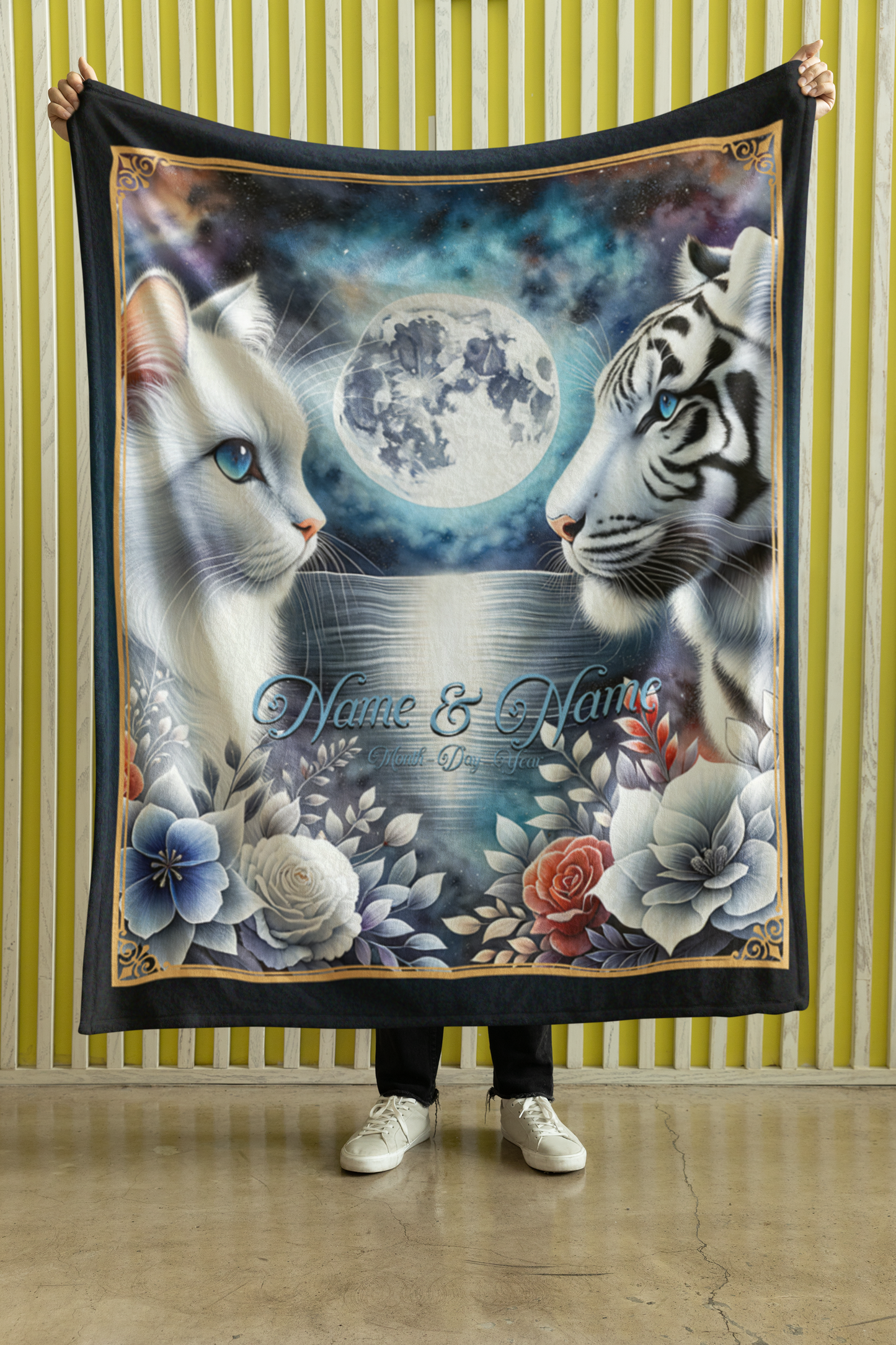 Personalized White Cat & White Tiger Moonlight Couple Throw Blanket — Custom Name Gift
