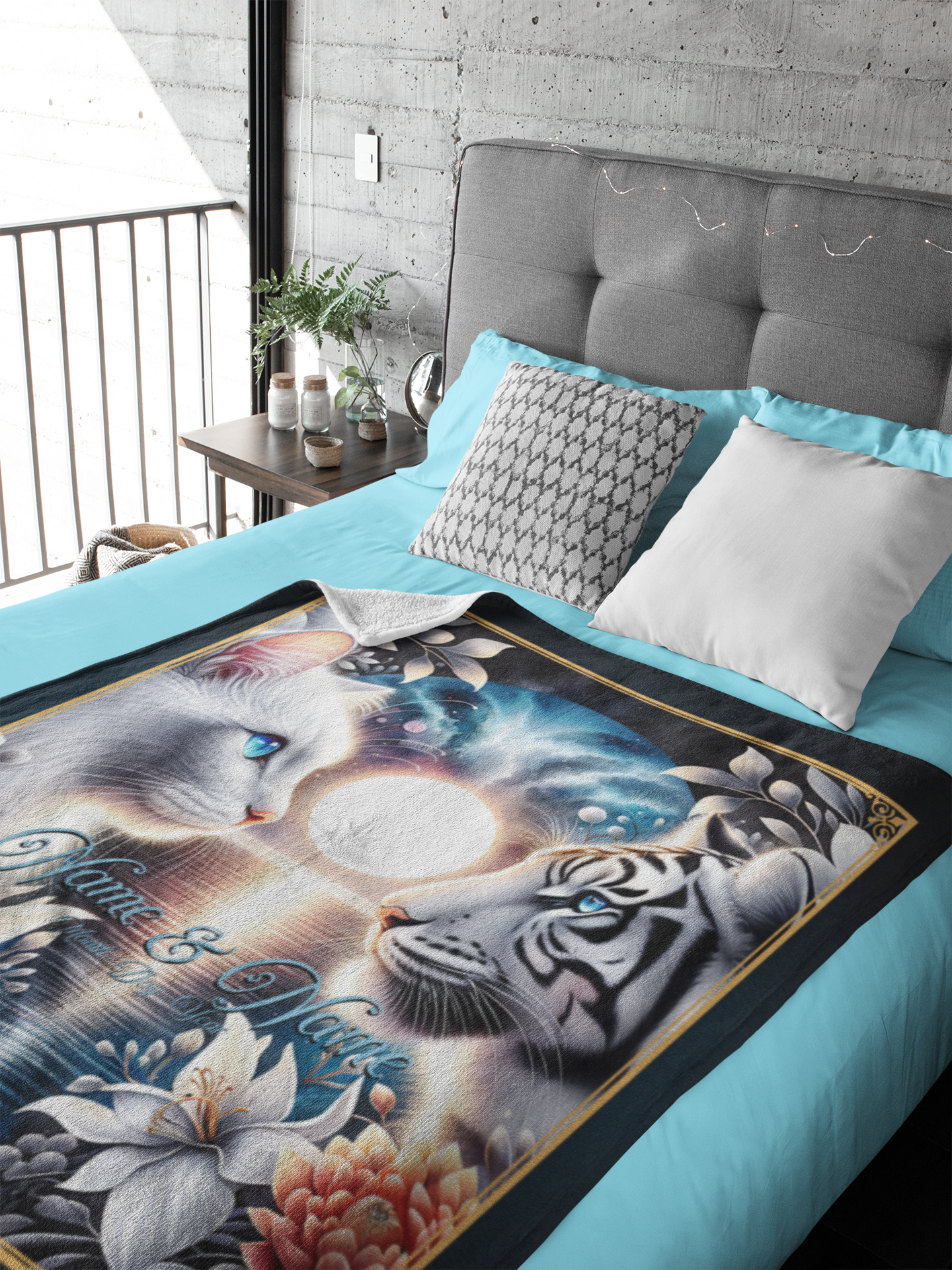 Personalized White Cat & White Tiger Couple Throw Blanket — Custom Name Gift