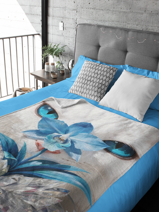 Personalized White Cat with Blue Orchid Throw Blanket — Custom Name Gift