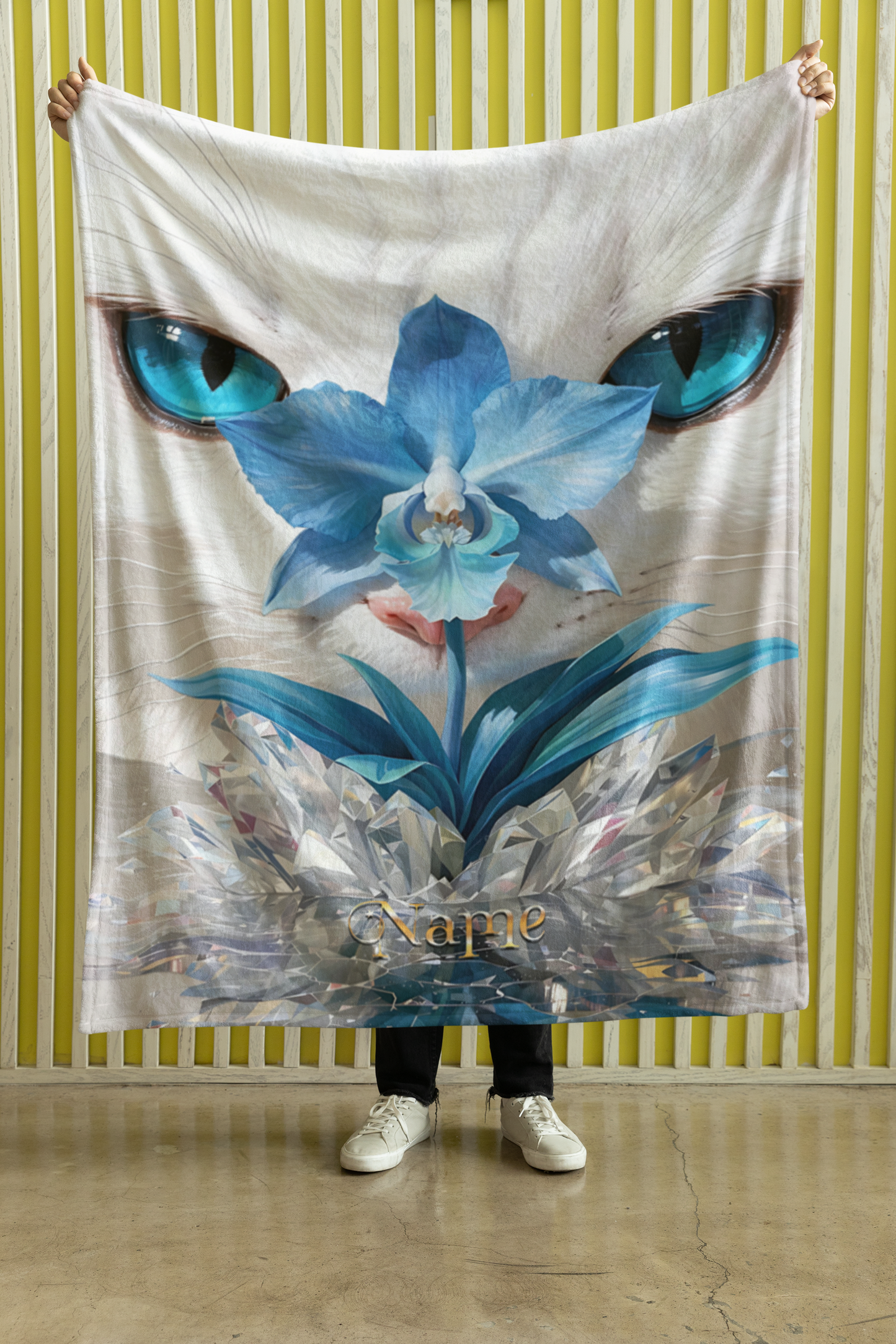 Personalized White Cat with Blue Orchid Throw Blanket — Custom Name Gift