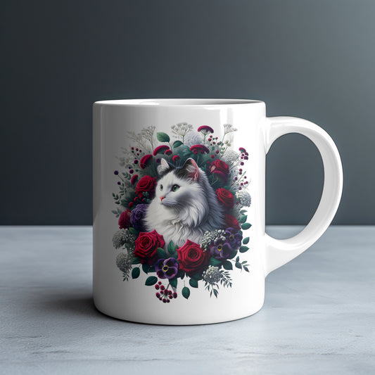 Personalized Fluffy White Cat with Red Roses and Pansies Mug — Custom Name Gift