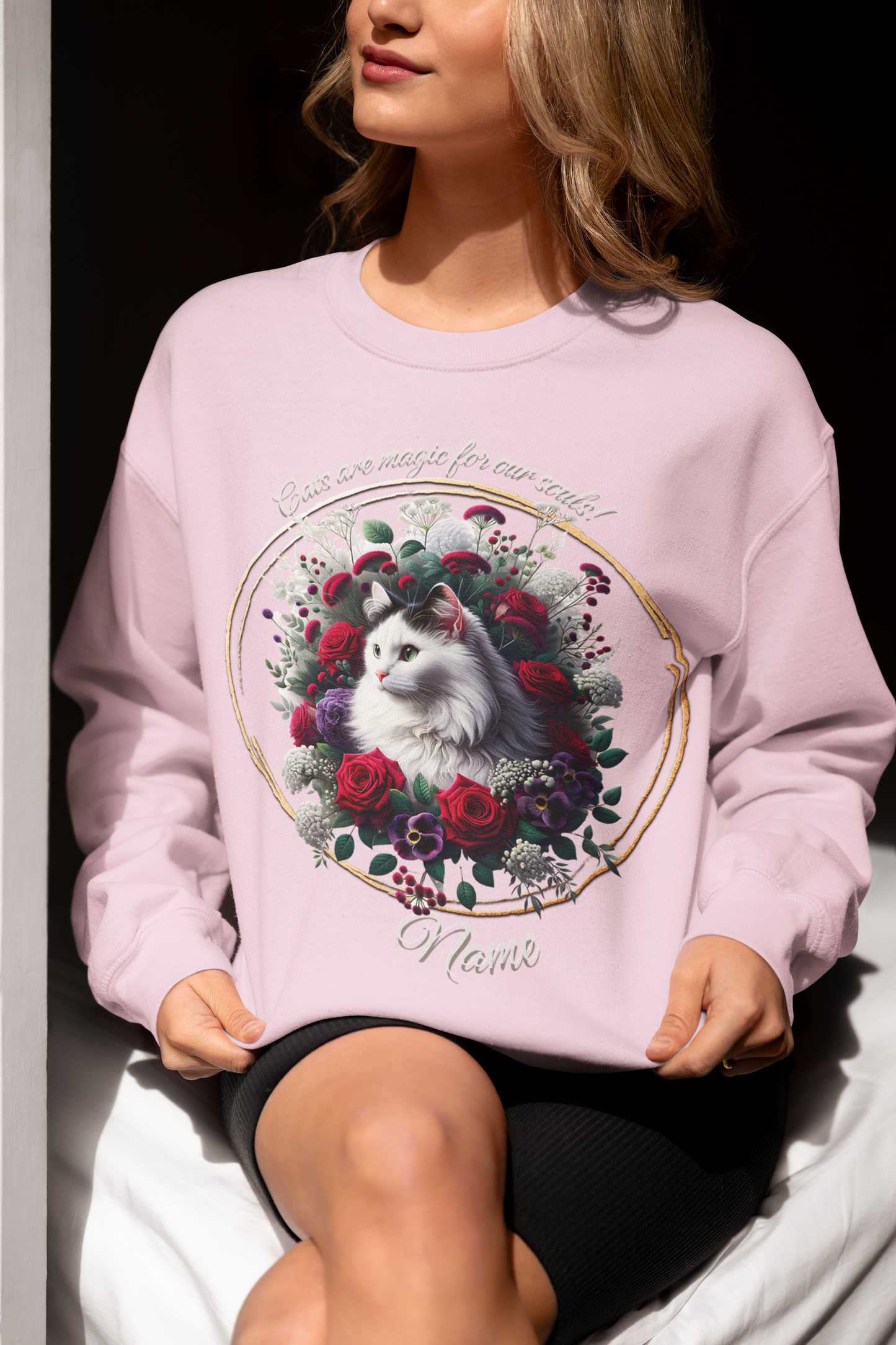 White Cat with Roses Personalized Sweatshirt