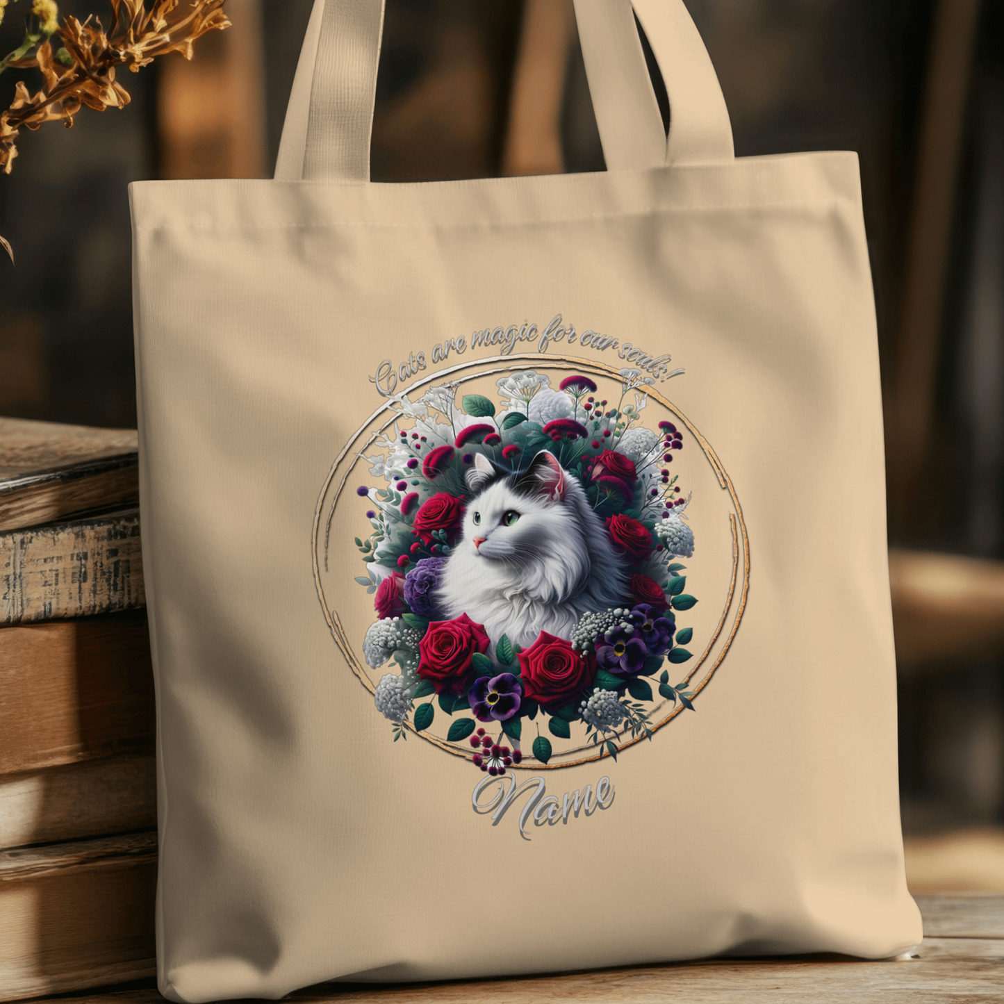 Personalized White Cat with Roses Eco Tote Bag