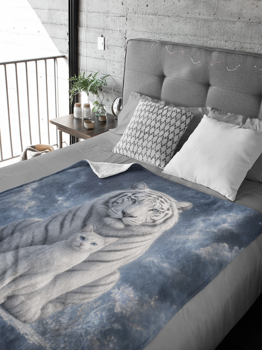 Personalized White Cat with Guardian White Tiger Throw Blanket