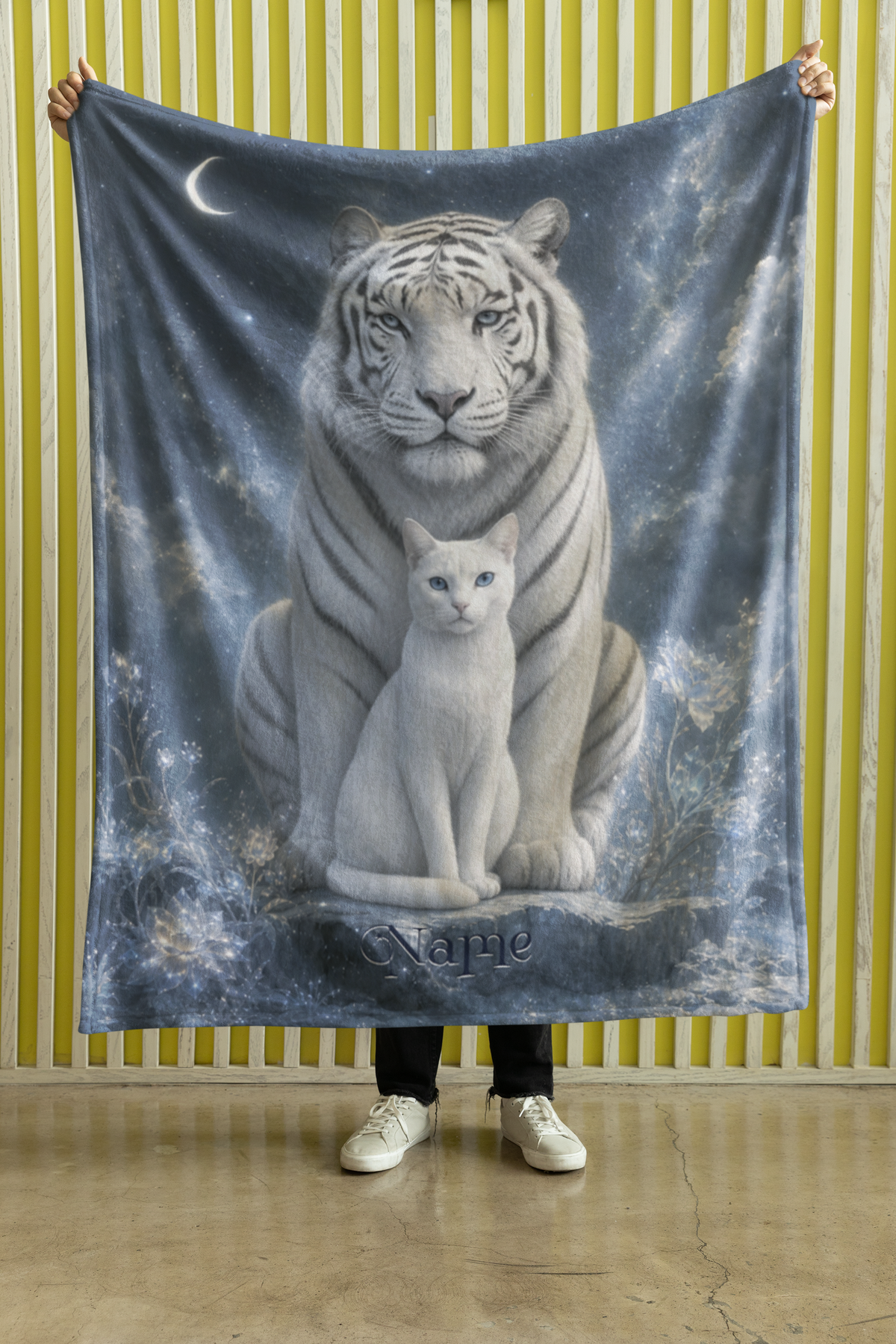 Personalized White Cat with Guardian White Tiger Throw Blanket
