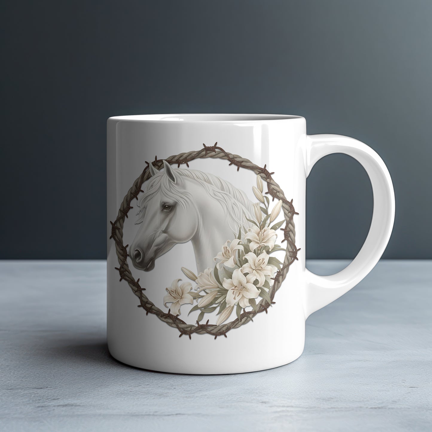 White Horse in Rope & Barbed Wire Wreath Personalized White Glossy Mug