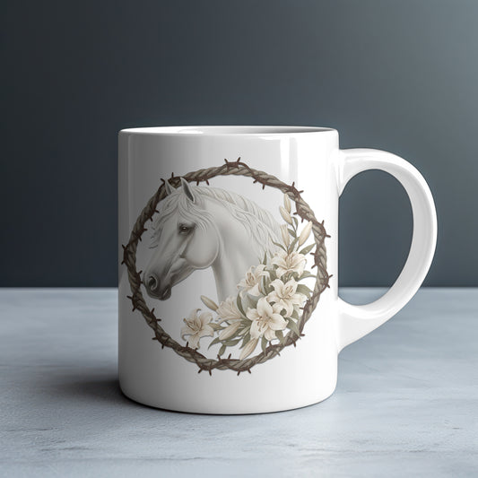 White Horse in Rope & Barbed Wire Wreath Personalized White Glossy Mug