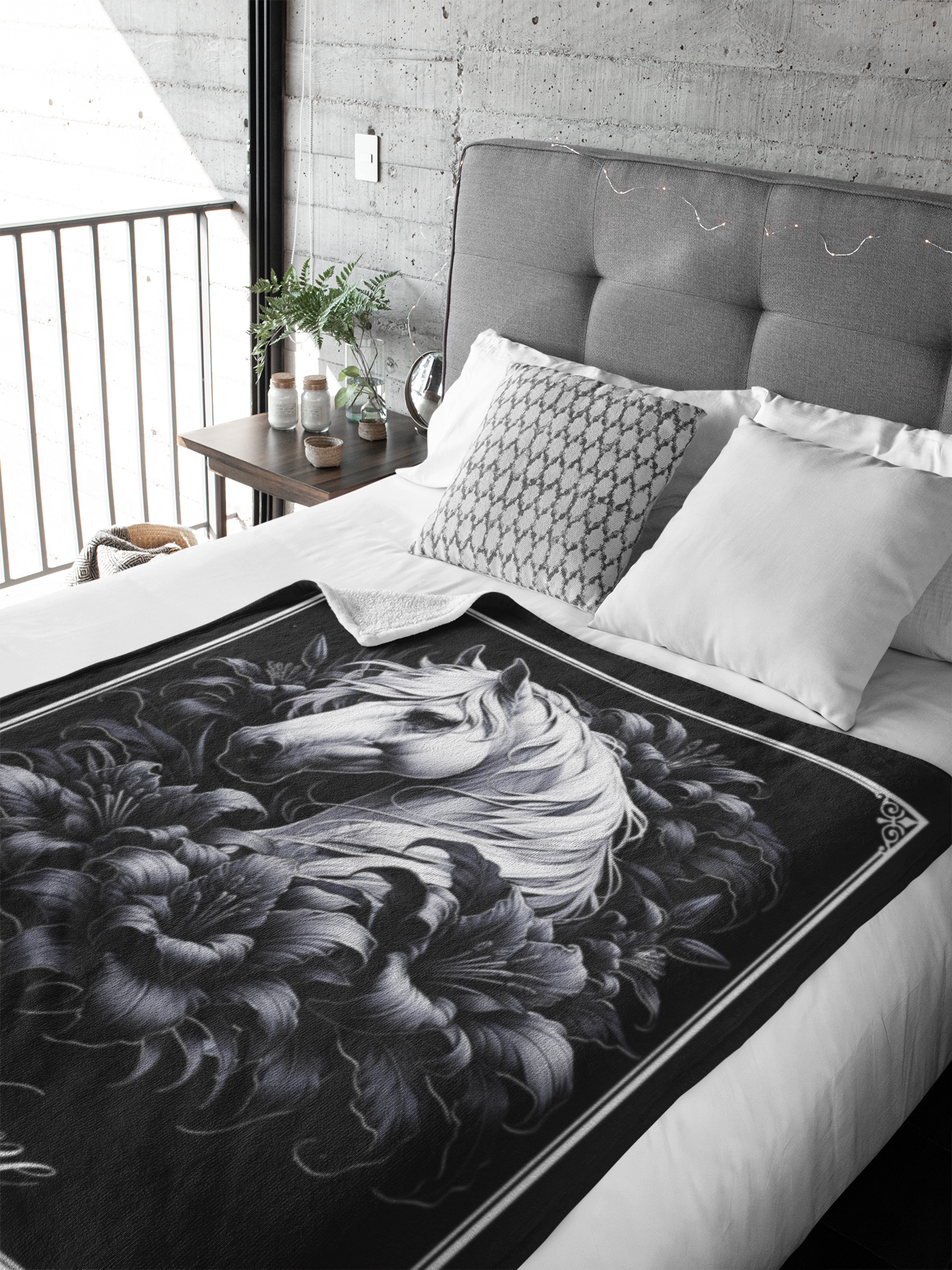 Personalized White Horse Black Lilies Throw Blanket - 50"x60" Custom Name Blanket