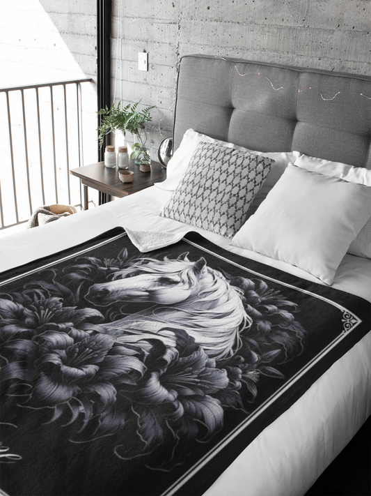 Personalized White Horse Black Lilies Throw Blanket - 50"x60" Custom Name Blanket