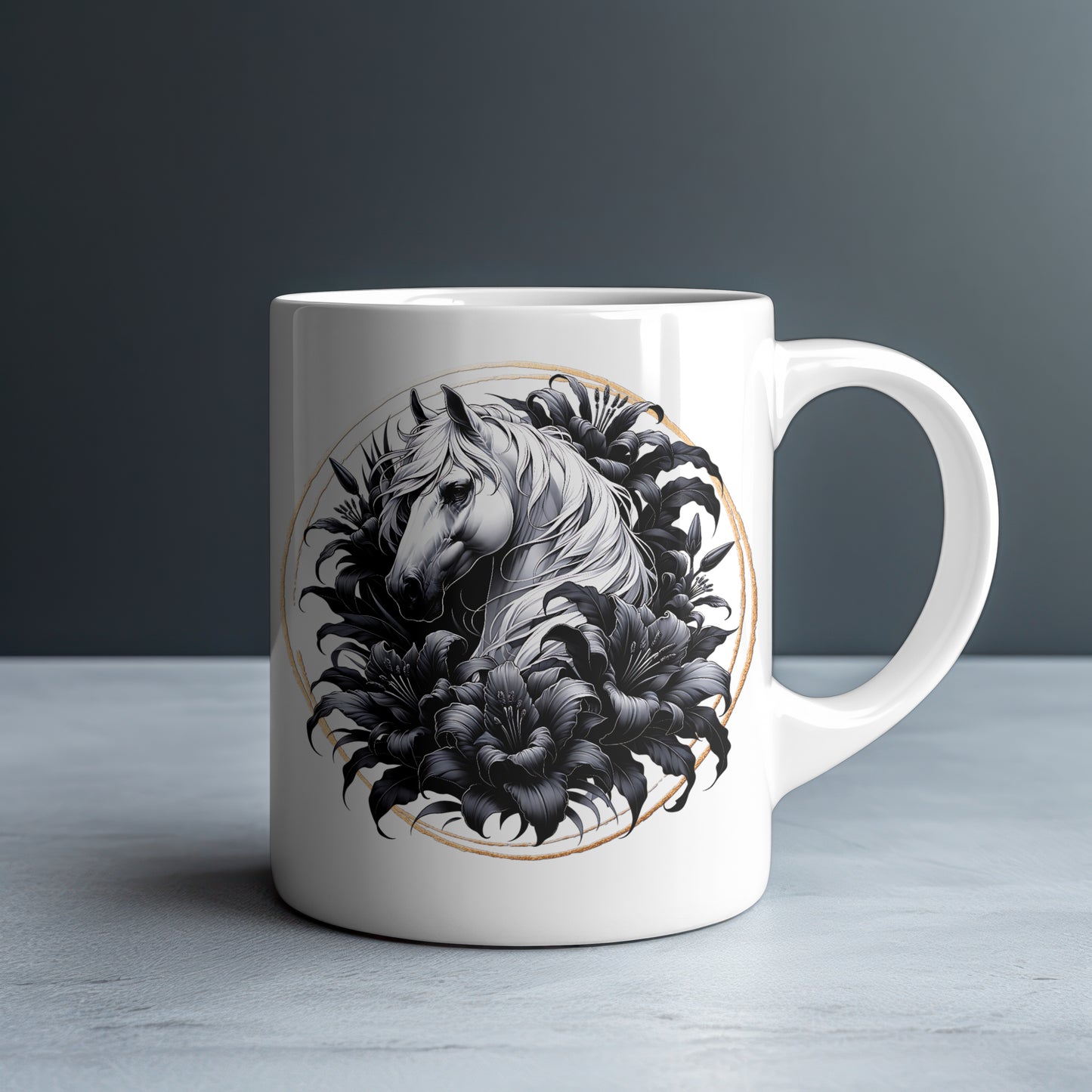 White Horse Black Lilies Personalized White Glossy Mug