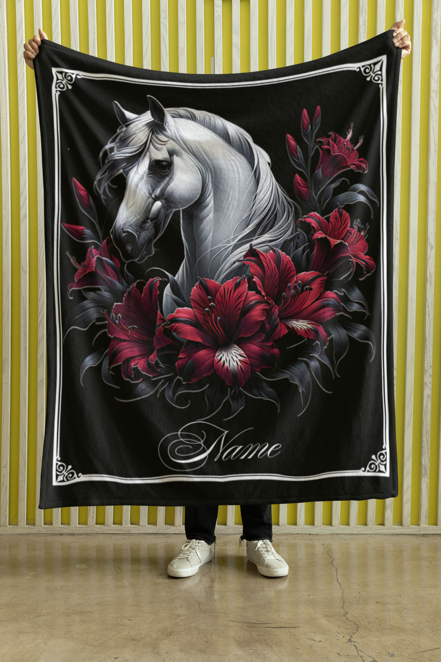 Personalized White Horse Blood Red Lilies Throw Blanket - 50"x60" Custom Name Blanket