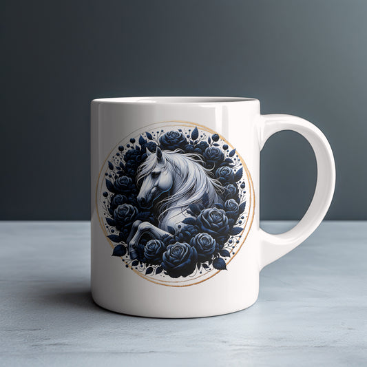 White Horse Blue Roses Personalized White Glossy Mug