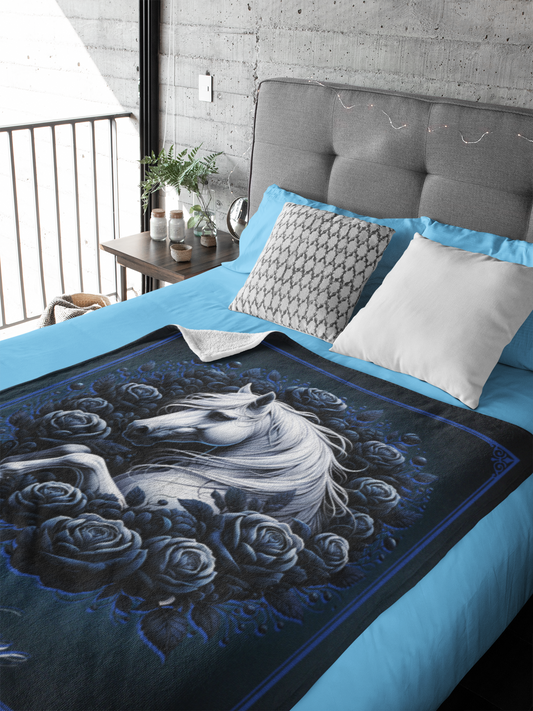 Personalized White Horse Blue Roses Throw Blanket - 50"x60" Custom Name Blanket