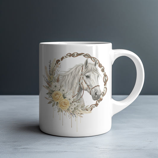 White Horse in Rope Wreath Personalized White Glossy Mug