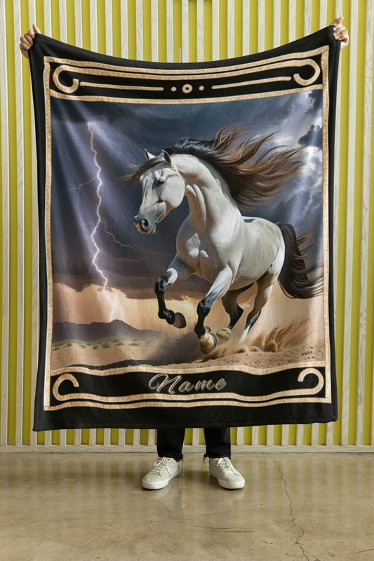 Personalized White Horse in a Storm Throw Blanket - 50"x60" Custom Name Blanket