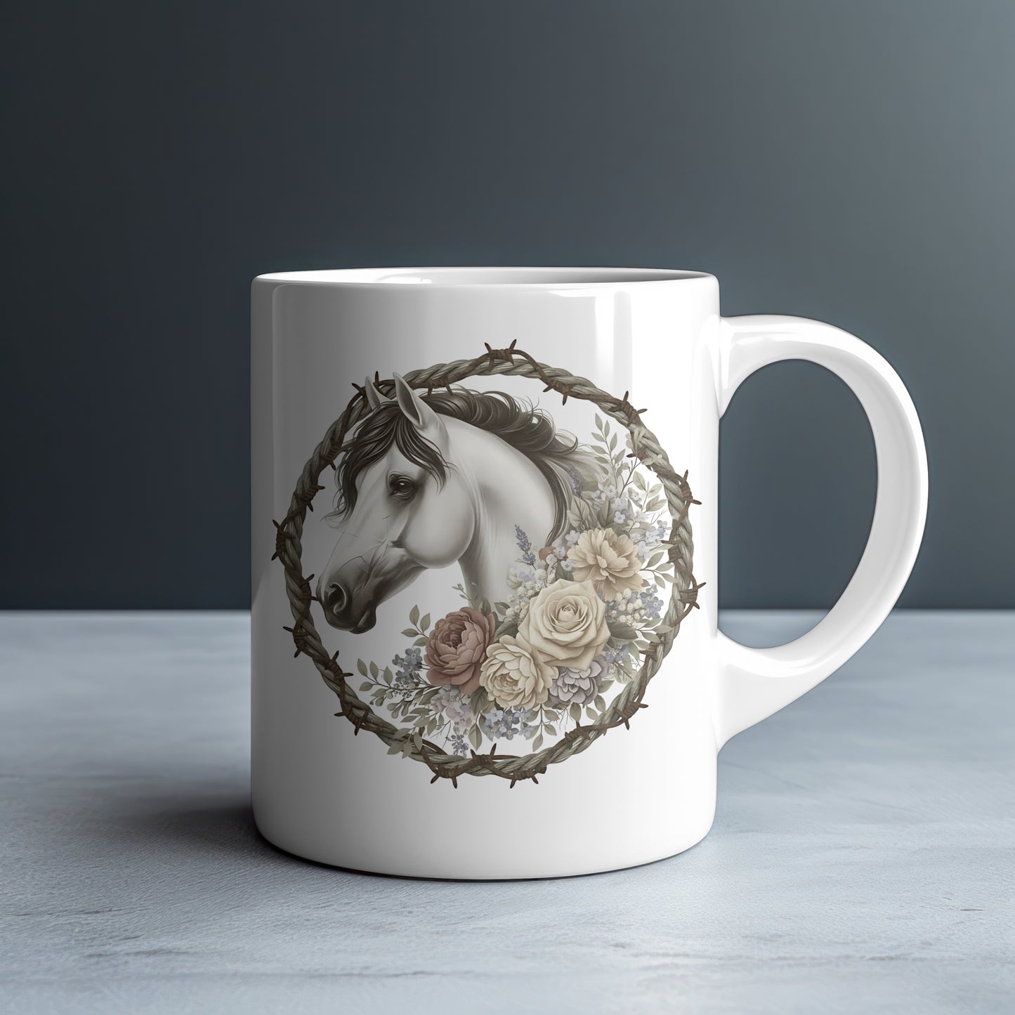 White Horse Black Mane Rope & Barbed Wire Personalized White Glossy Mug