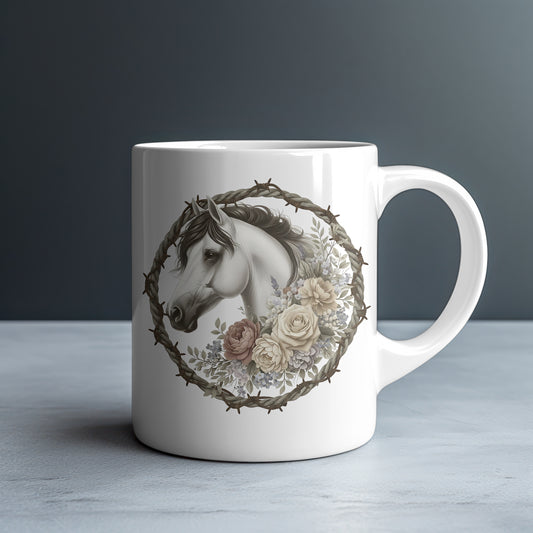 White Horse Black Mane Rope & Barbed Wire Personalized White Glossy Mug