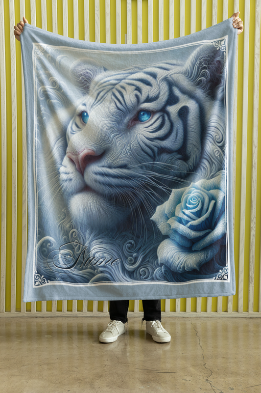 Personalized Blue-Eyed White Lion with Ice Blue Rose Looking Upward Throw Blanket — Custom Name Gift