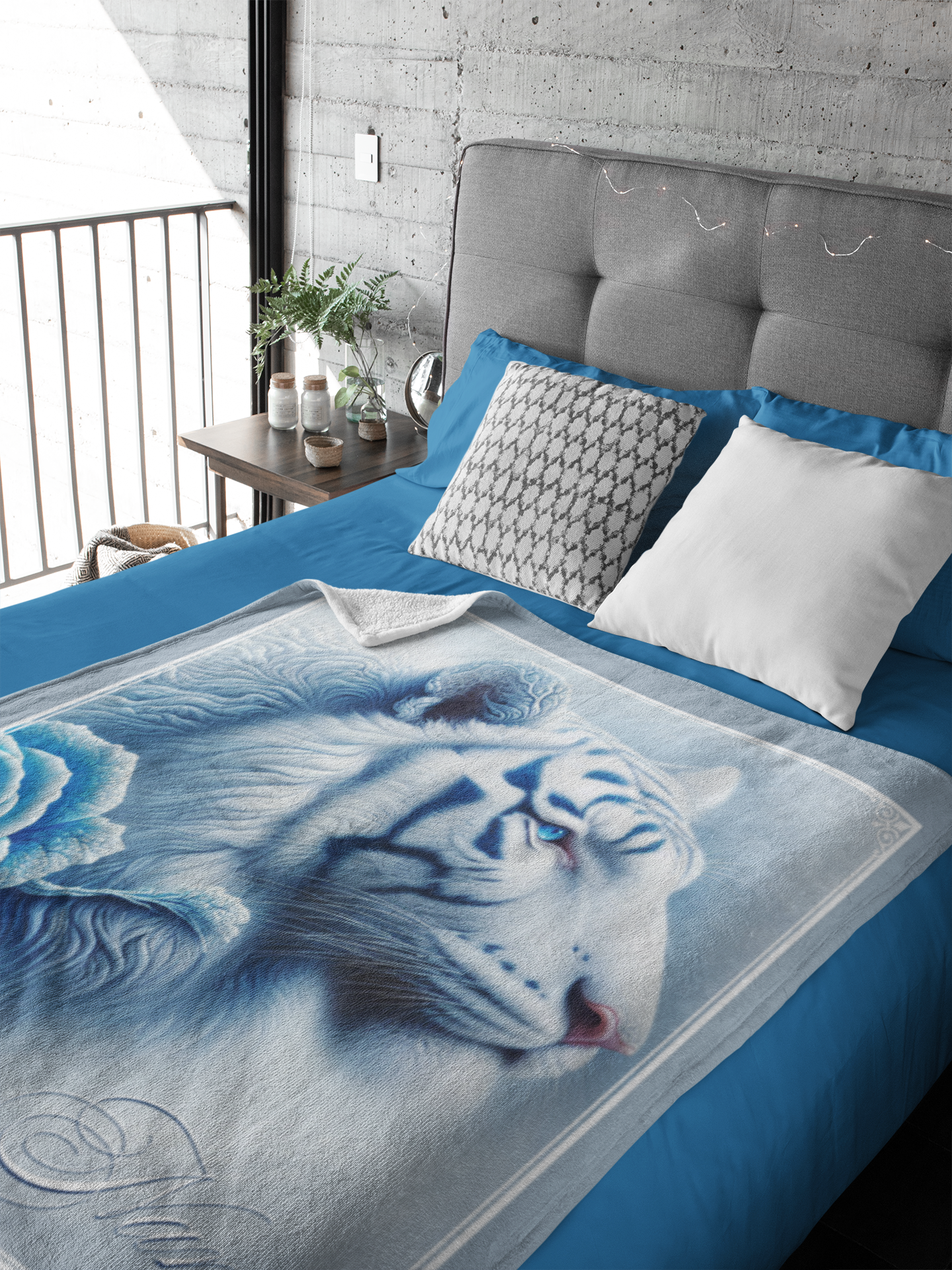 Personalized Blue-Eyed White Tiger with Ice Blue Rose Side Profile Throw Blanket — Custom Name Gift