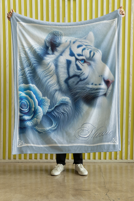 Personalized Blue-Eyed White Tiger with Ice Blue Rose Side Profile Throw Blanket — Custom Name Gift