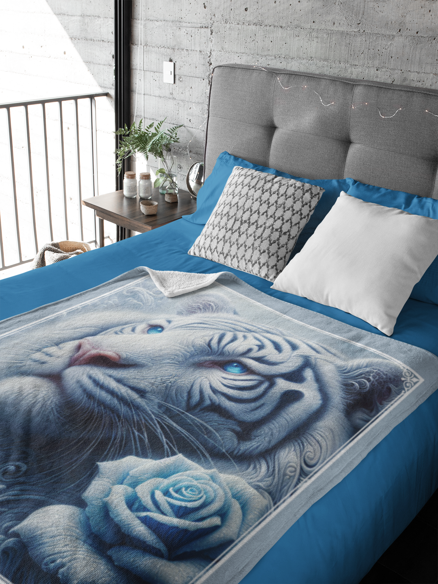 Personalized Blue-Eyed White Lion with Ice Blue Rose Looking Upward Throw Blanket — Custom Name Gift
