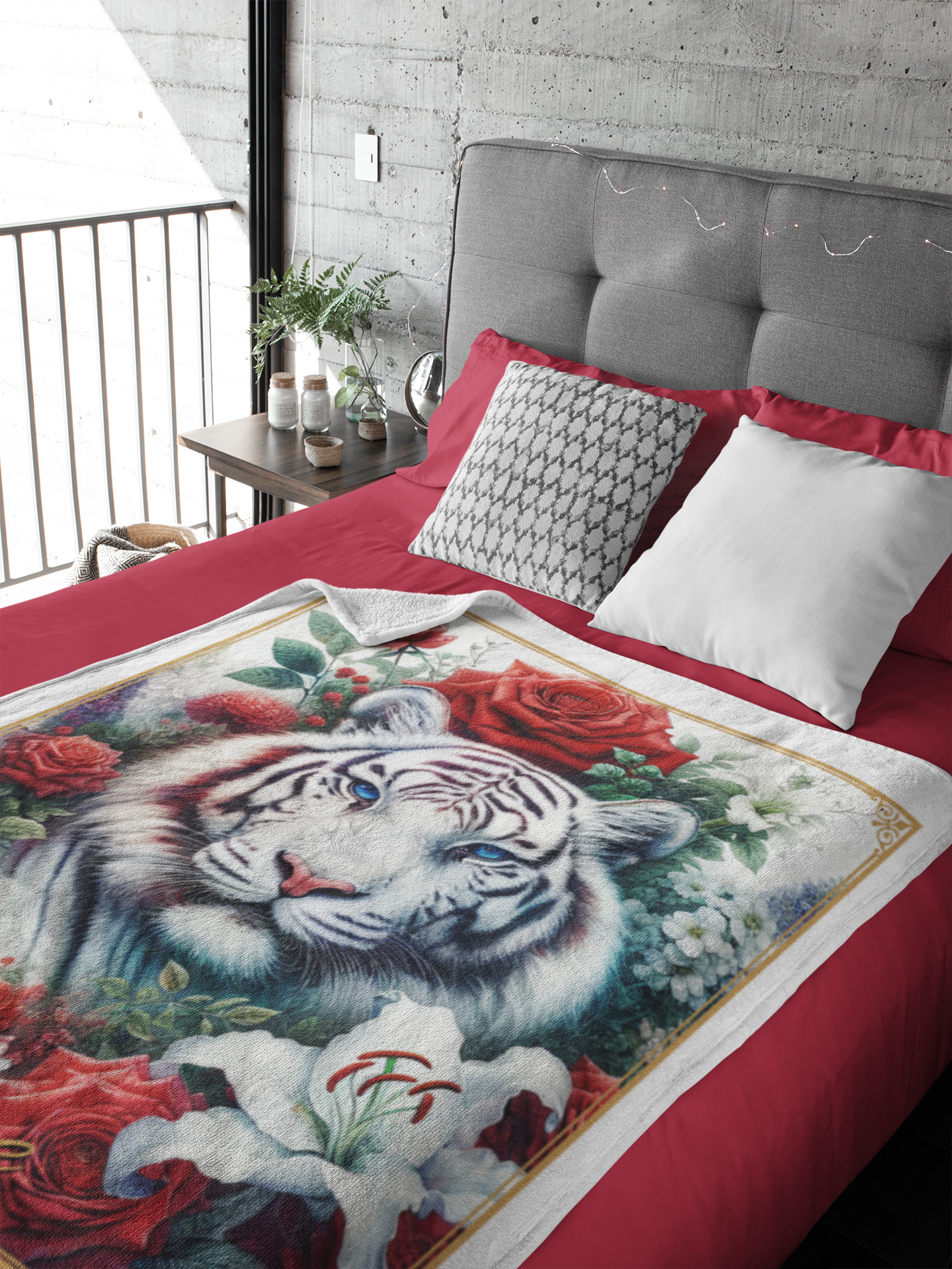 Personalized Blue-Eyed White Tiger Emerging from Red Roses and Lilies Throw Blanket — Custom Name Gift
