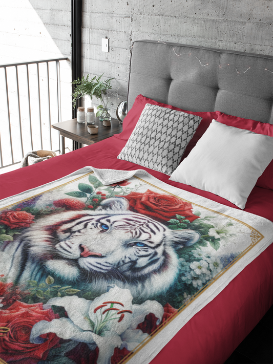 Personalized Blue-Eyed White Tiger Emerging from Red Roses and Lilies Throw Blanket — Custom Name Gift
