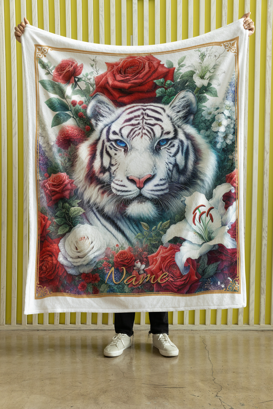Personalized Blue-Eyed White Tiger Emerging from Red Roses and Lilies Throw Blanket — Custom Name Gift