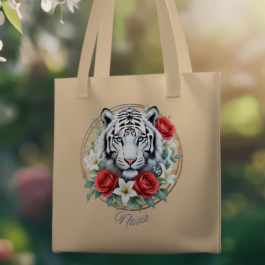 Personalized White Tiger with Roses Eco Tote Bag