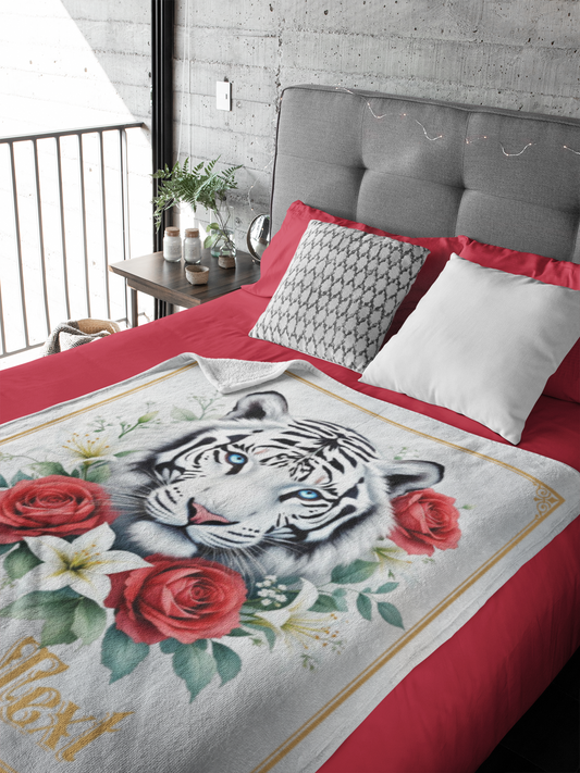 Personalized Blue-Eyed White Tiger with Red Roses and White Lilies Throw Blanket — Custom Name Gift