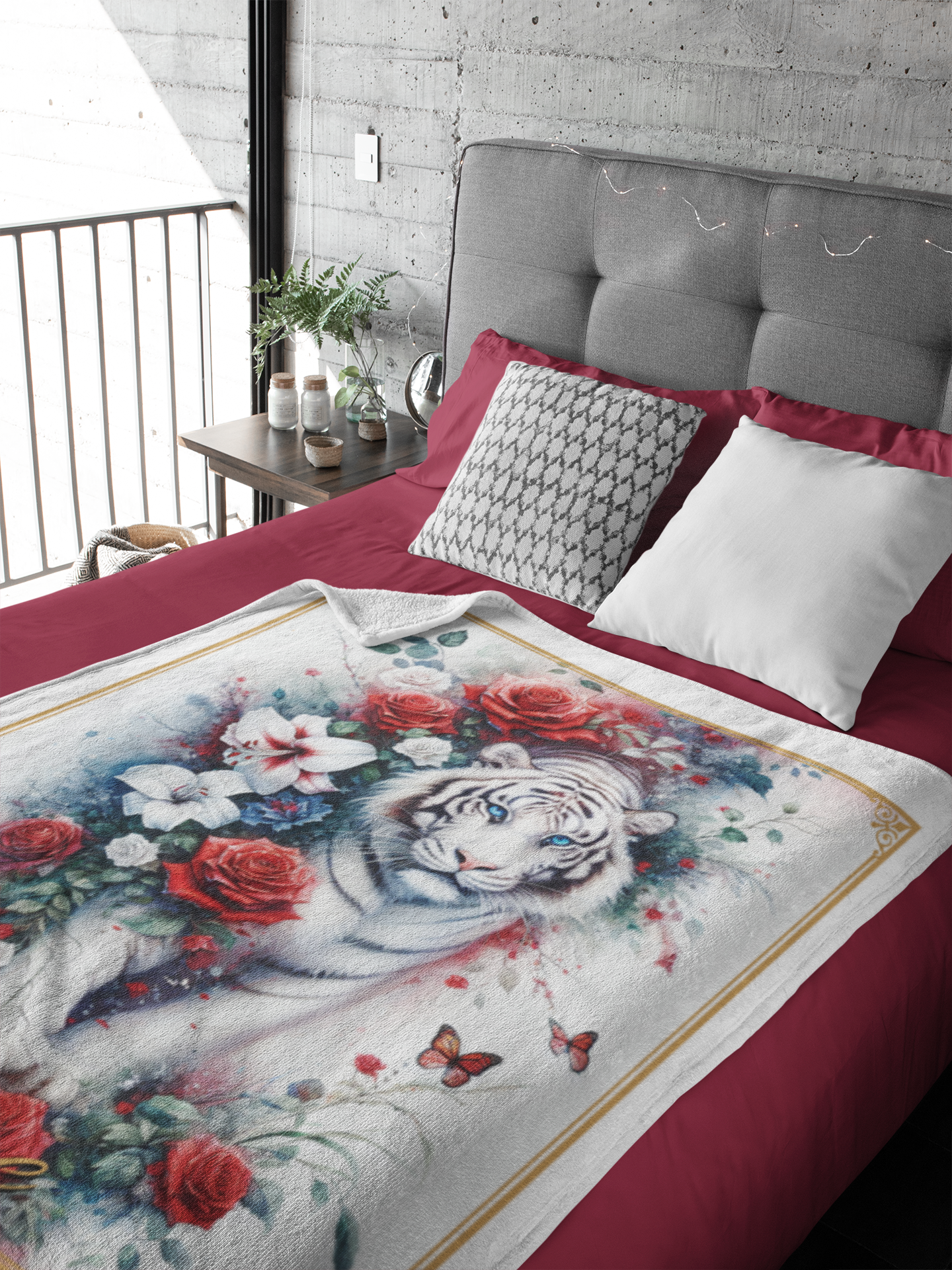 Personalized Blue-Eyed White Tiger with Red Roses and Lilies Throw Blanket — Custom Name Gift