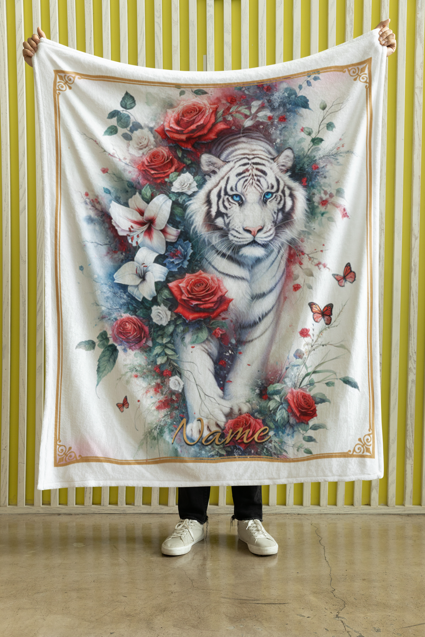 Personalized Blue-Eyed White Tiger with Red Roses and Lilies Throw Blanket — Custom Name Gift