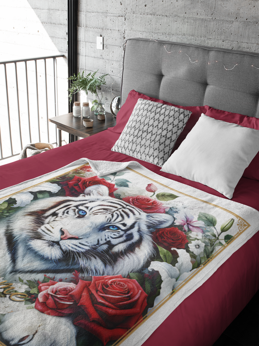 Personalized Blue-Eyed White Tiger Resting in Red Roses Throw Blanket — Custom Name Gift