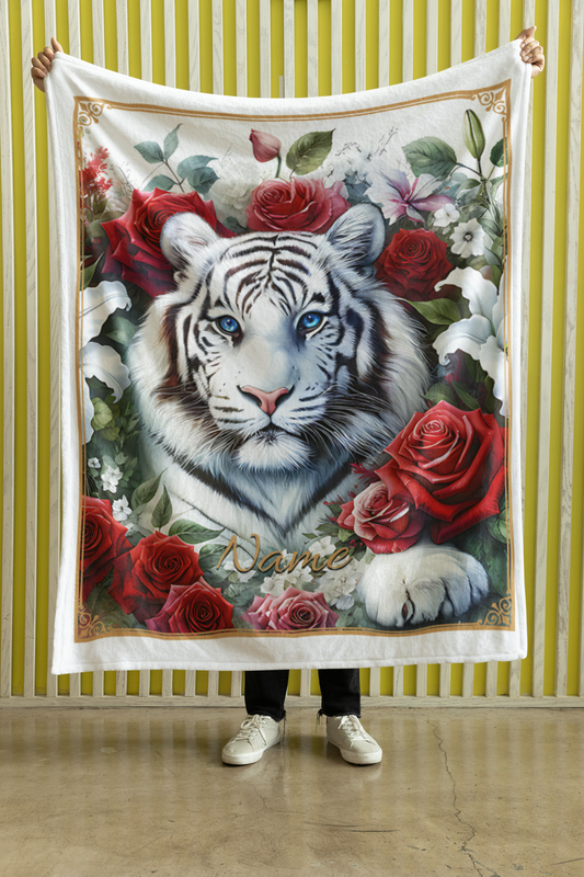 Personalized Blue-Eyed White Tiger Resting in Red Roses Throw Blanket — Custom Name Gift